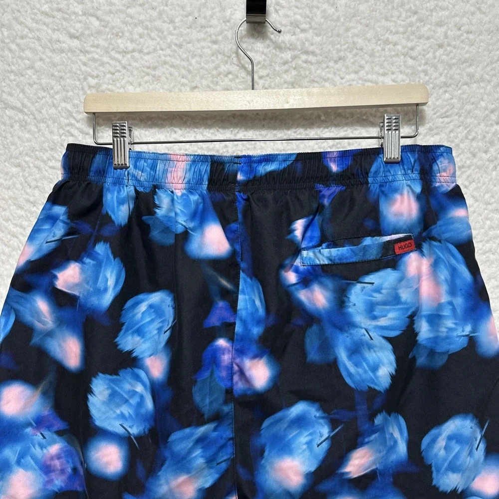 Hugo Boss‎ Men's Size XL Blue Floral Printed Drawstring Swim Mesh Shorts Logo
